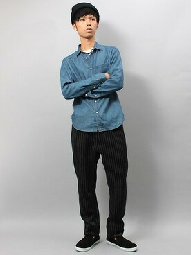 「ダンガリーシャツ」｜「アイテム（ニットキャップ/ビーニー）」を使った、SHOW・高松さん（メンズ・175cm）の秋コーディネート