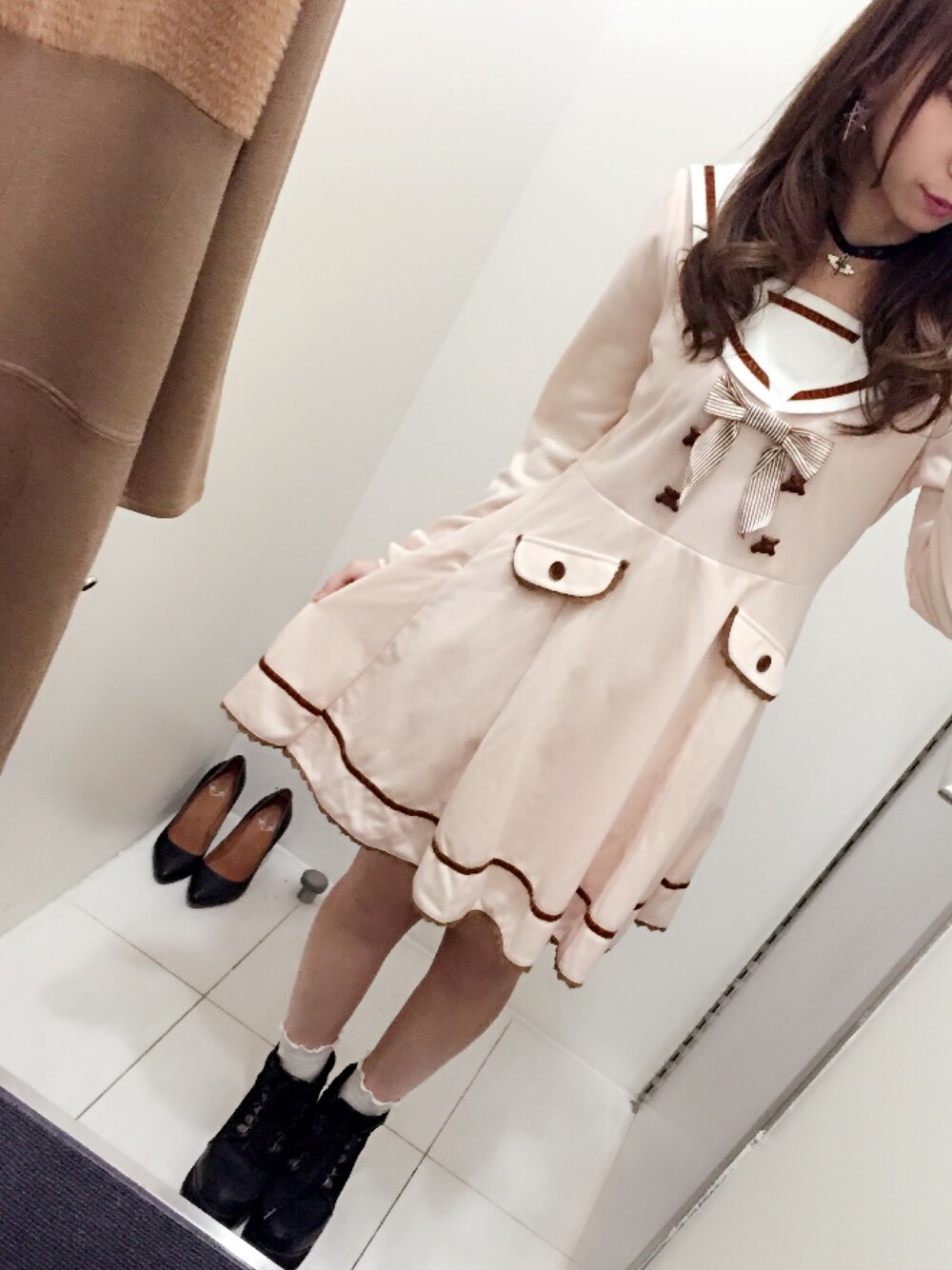「夢展望、セーラーカラー」｜「夢展望のアイテム（ワンピース、ピンク系）」を使った、HARUKAさん（レディース・158cm）の冬コーディネートの1枚目の写真