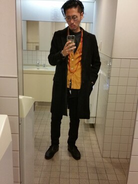 「UNUSED」｜「アイテム（チェスターコート）」を使った、Y-DRAGONさん（メンズ・176cm）の冬コーディネート