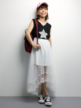 「FREDY&GLOSTER（フレディアンドグロスター）のアイテム（Tシャツ/カットソー）」を使った、saya☺︎さん（レディース・149cm）の夏コーディネート