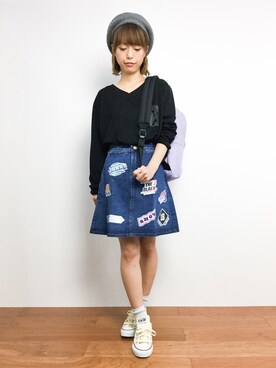 「STYLENANDA（スタイルナンダ）のアイテム（デニムスカート）」を使った、saya☺︎さん（レディース・149cm）の秋コーディネート