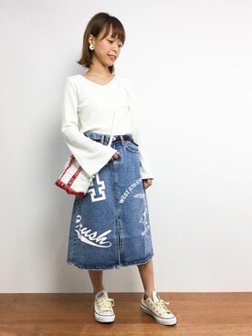 「STYLENANDA（スタイルナンダ）のアイテム（デニムスカート）」を使った、saya☺︎さん（レディース・149cm）の秋コーディネート
