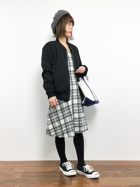 「チェックワンピース」｜「アイテム（MA-1）」を使った、saya☺︎さん（レディース・149cm）の秋コーディネート
