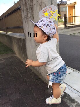 「H&M（エイチ・アンド・エム）のアイテム（帽子、ホワイト系）」を使った、IRさん（キッズ・80cm）の夏コーディネート