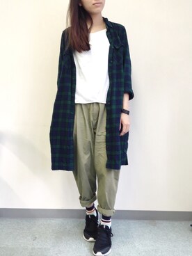 「QUEEN SHOP（クイーンショップ）のアイテム（チノパンツ、グリーン系）」を使った、ABoo さん（レディース・155cm）の夏コーディネート