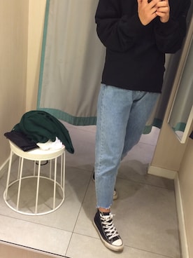 「古着のアイテム（その他パンツ、ブルー系）」を使った、sako9さん（レディース・165cm）の秋コーディネート