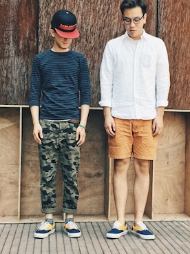 「アイテム（カーゴパンツ、イエロー系）」を使った、田凯Kさん（メンズ・185cm）の春コーディネート