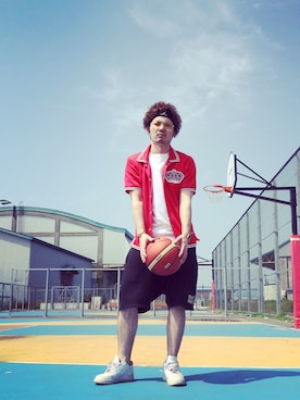 「アイテム（ジャージ、レッド系）」を使った、R_＿＿＿＿Fさん（メンズ・173cm）の夏コーディネート