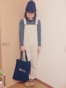 「MHL.（エムエイチエル）のアイテム（オールインワン・サロペット）」を使った、めぐもぐ。さん（レディース・165cm）の秋コーディネート