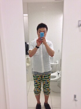 「無印良品（ムジルシリョウヒン）のリネン半袖シャツ（シャツ/ブラウス、ホワイト系）」を使った、motoさん（メンズ・169cm）の夏コーディネート