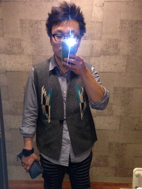 「ORTEGA（オルテガ）のオルテガ チマヨベスト（ベスト、グレー系）」を使った、motoさん（メンズ・169cm）の秋コーディネート