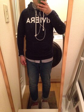 「RAGEBLUE（レイジブルー）のウラケスウェットプリントパーカ/553270（パーカー、ブルー系）」を使った、motoさん（メンズ・169cm）の春コーディネート