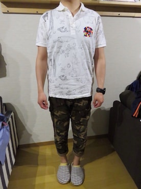 「Design Tshirts Store graniph（デザイン　ティーシャツ　ストア　グラニフ）のぞうのエルマーポロシャツA/ぞうのエルマーエンブロイダリーアンドラインアート（ポロシャツ、ホワイト系）」を使った、motoさん（メンズ・169cm）の春コーディネート