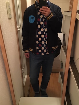 「タイト」｜「アイテム（スタジャン）」を使った、motoさん（メンズ・169cm）の冬コーディネート