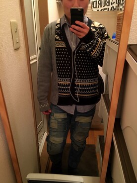 「glamb（グラム）のアイテム（ニット/セーター、ブラック系）」を使った、motoさん（メンズ・169cm）の冬コーディネート