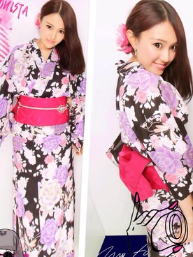 「？のアイテム（浴衣、ピンク系）」を使った、mizukiさん（レディース・163cm）の夏コーディネート