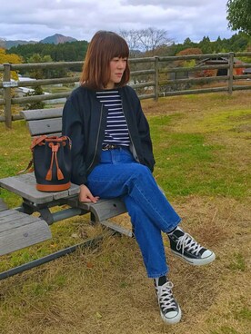「Supreme.La.La.（シュープリームララ）のアイテム（ブルゾン）」を使った、emii☺︎さん（レディース・157cm）の秋コーディネート