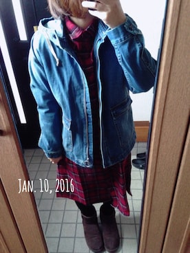 「アイテム（シャツワンピース、レッド系）」を使った、muuuさん（レディース・152cm）の冬コーディネート