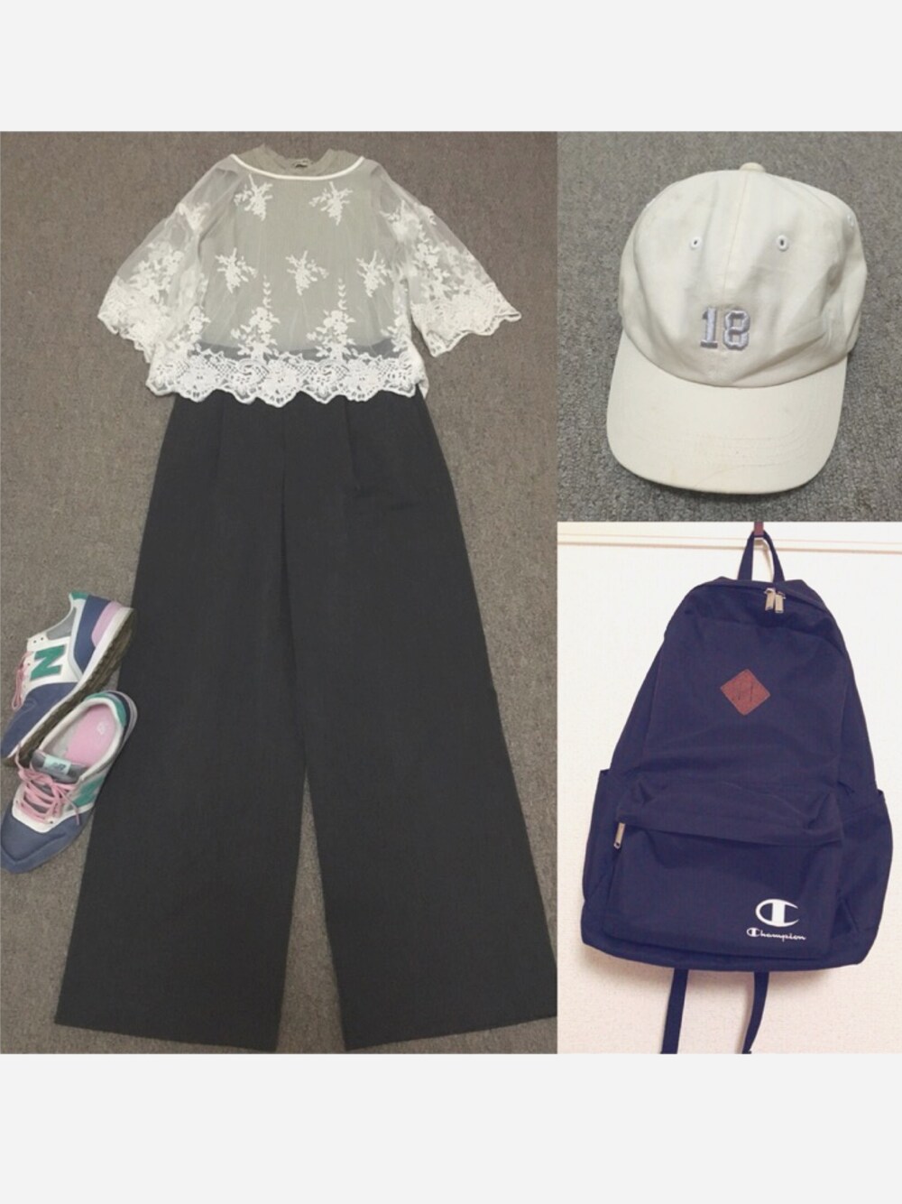 「パンツスタイル、ワイドパンツ、UNIQLO、キャップ、へザー、スニーカー、ニューバランス996、腕時計、マークバイマークジェイコブス、チャンピオン リュック」｜「UNIQLOのアイテム（その他パンツ、グレー系）」を使った、saki✌︎さん（レディース・167cm）の秋コーディネートの1枚目の写真