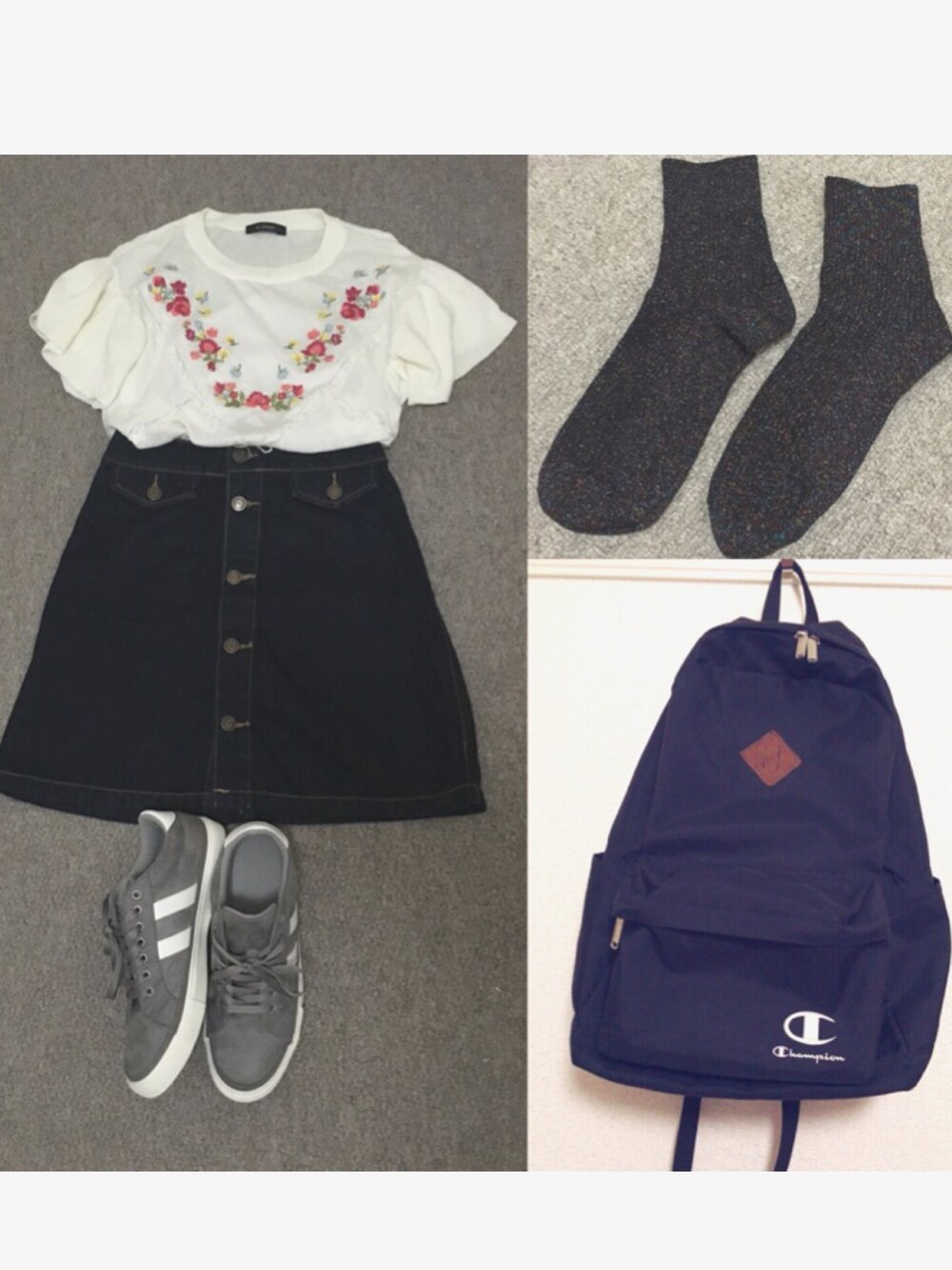 「スカートスタイル、デニムスカート、台形ｽｶｰﾄ、刺繍トップス、ダブルクローゼット、OZOC、チャンピオン、黒リュック、スニーカー、ジーユー」｜「OZOCのアイテム（デニムスカート、ブラック系）」を使った、saki✌︎さん（レディース・167cm）の秋コーディネートの1枚目の写真