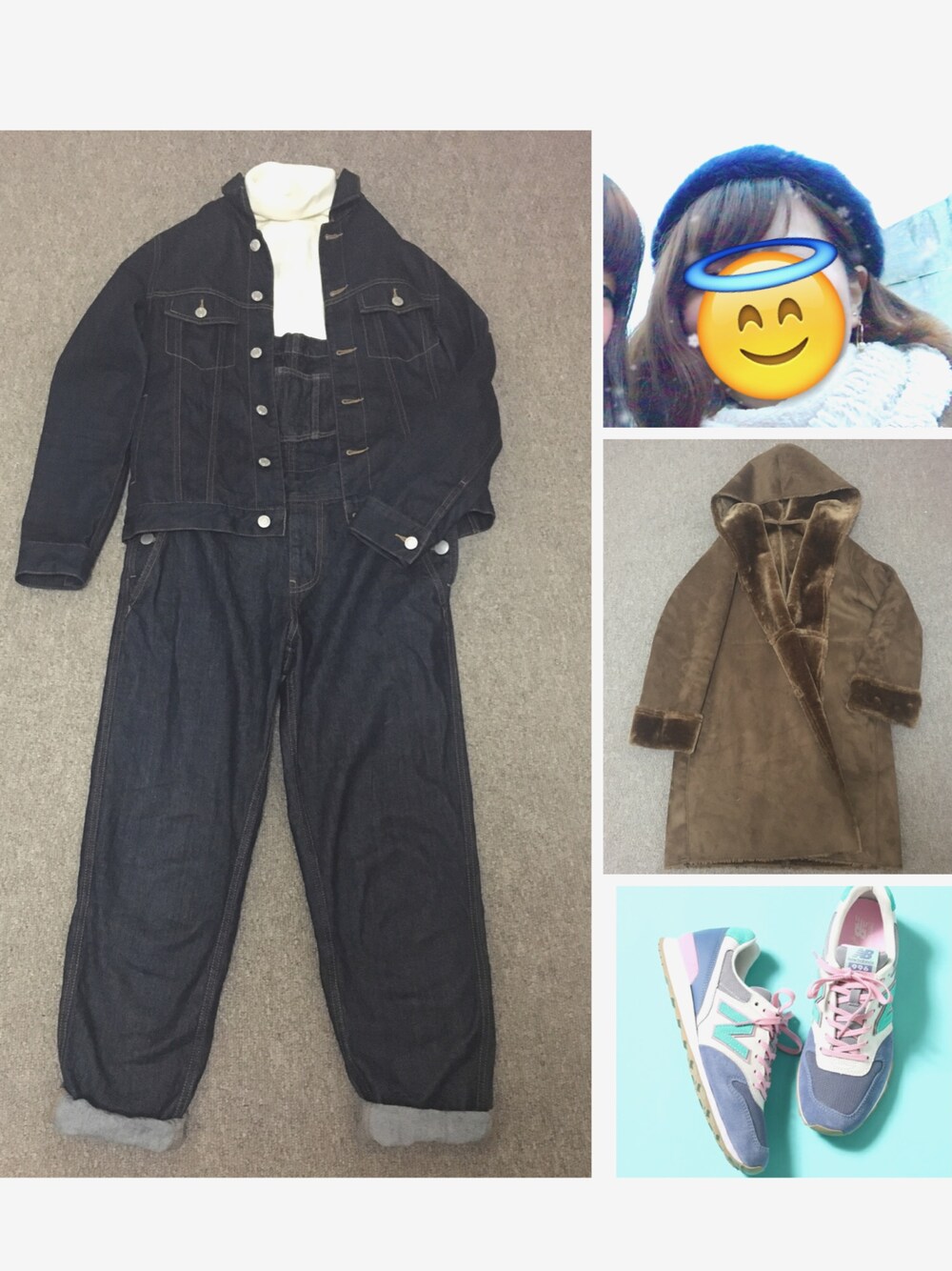 「ムートンコート、ジーユー、オーバーオール、ローリーズファーム(LOWRYS FARM)、Gジャン、レイカズン(Ray Cassin)、デニムオンデニム、ハイネック、白ニット、スニーカー」｜「LOWRYS FARMのオーバーオール　567297（サロペット/オーバーオール、ブルー系）」を使った、saki✌︎さん（レディース・167cm）の秋コーディネートの1枚目の写真