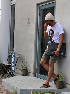 「JUNRED（ジュンレッド）のアイテム（サンダル）」を使った、hiroさん（メンズ・172cm）の夏コーディネート