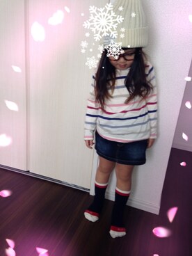 「しまむら（シマムラ）のアイテム（ニットキャップ/ビーニー、ホワイト系）」を使った、yua.sさん（キッズ・100cm）の秋コーディネート