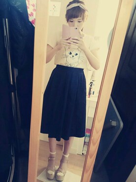 「GU（ジーユー）のアイテム（スカート、ブラック系）」を使った、Reikoさん（レディース・154cm）の夏コーディネート