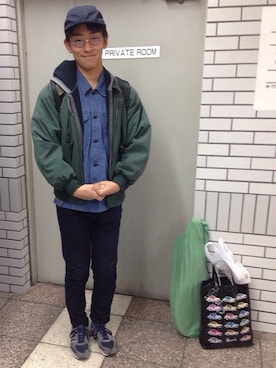 「アイテム（ナイロンジャケット、グリーン系）」を使った、しゅーてぃさん（メンズ・175cm）の冬コーディネート