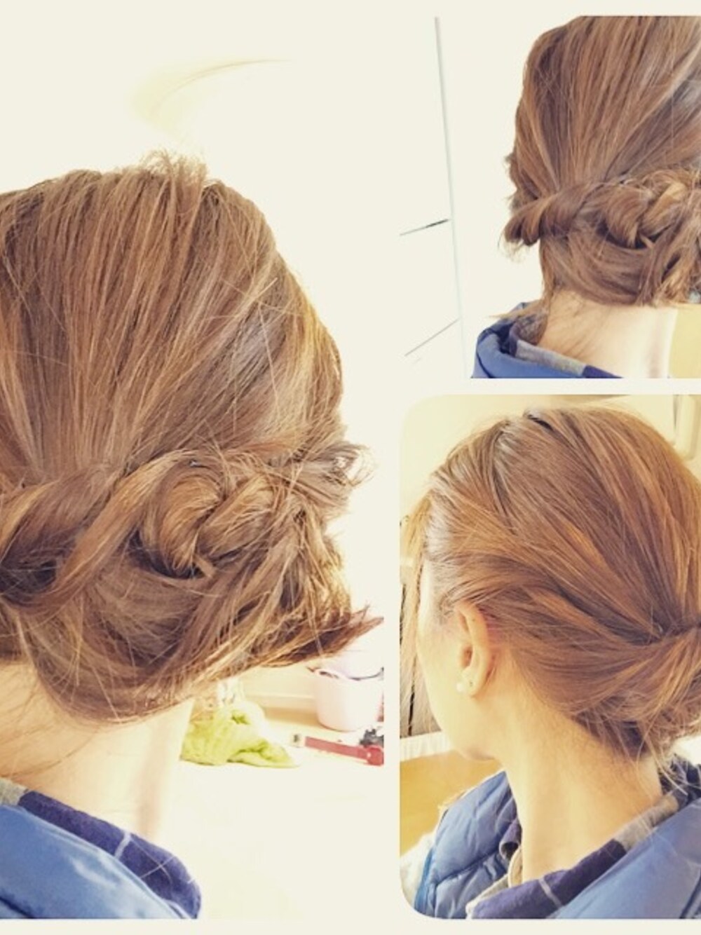 「今日のあたま、ヘアセット、簡単ヘアアレンジ」｜「no brandのアイテム（シャツ/ブラウス、ブルー系）」を使った、yunさん（レディース・161cm）の春コーディネートの1枚目の写真
