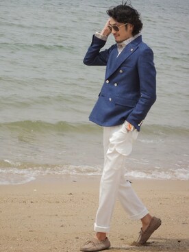 「紺ジャケット」｜「アイテム（ジャケット/アウター）」を使った、SIMPATICAさん（メンズ・185cm）の春コーディネート