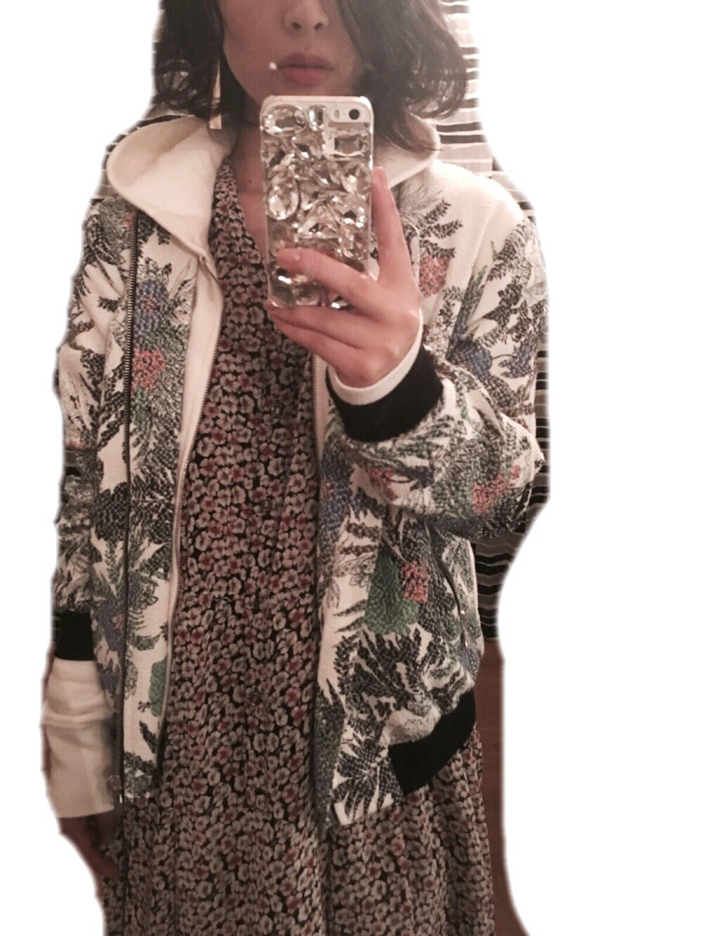 「柄×柄、スタジャン」｜「ZARA BASICのアイテム（スタジャン、グリーン系）」を使った、mizukywayさん（レディース・155cm）の秋コーディネートの1枚目の写真