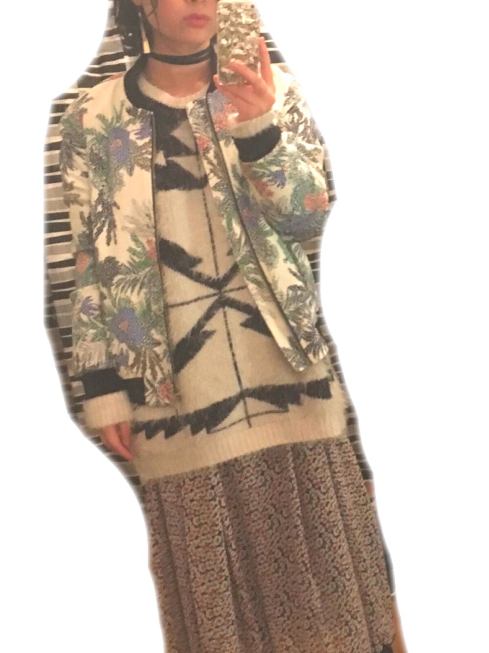 「柄×柄、ビッグシルエット、スタジャン」｜「ZARA BASICのアイテム（スタジャン、グリーン系）」を使った、mizukywayさん（レディース・155cm）の秋コーディネートの1枚目の写真