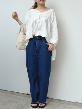 harunaさんの「【飯窪春菜さん着用】裾フリンジデニムワイドパンツ」を使ったコーディネート