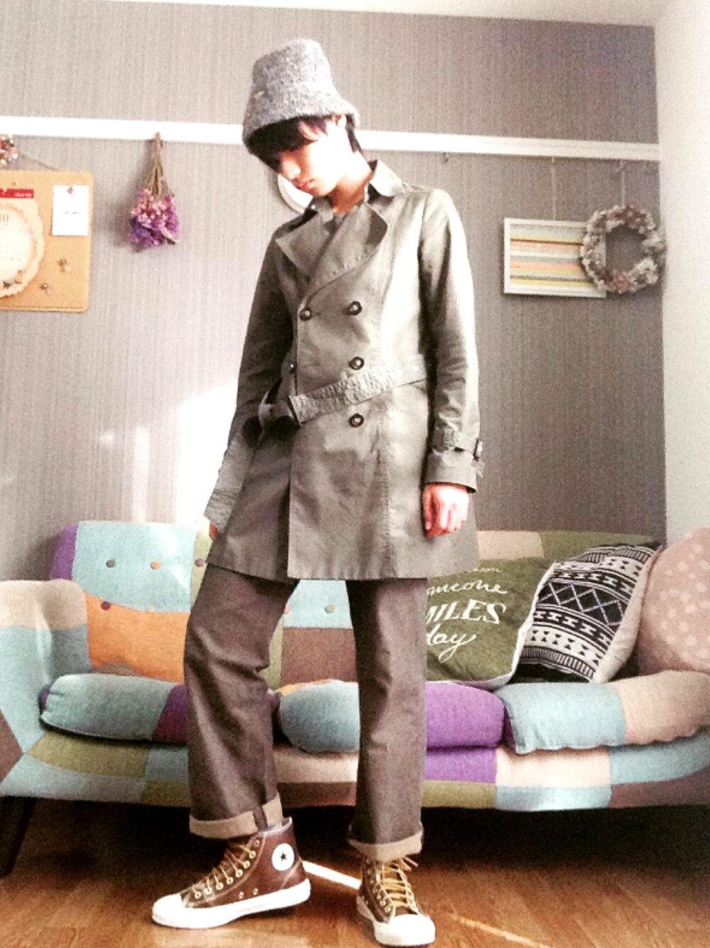 「古着、菅田将暉、実はレディース、中３、おしゃれさんと繋がりたい」｜「Reflectのアイテム（トレンチコート、グリーン系）」を使った、✁✂ryuunosuke✁✂さん（メンズ・169cm）の秋コーディネートの1枚目の写真