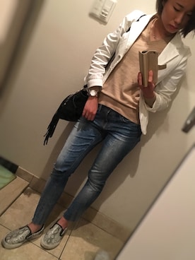 「COMME CA ISM（コムサイズム）のアイテム（ノーカラージャケット）」を使った、TOMOKO:)さん（レディース・156cm）の春コーディネート