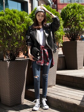 「オルチャンファッション」｜「アイテム（ライダースジャケット）」を使った、GIRLS RULEさん（レディース・165cm）の秋コーディネート