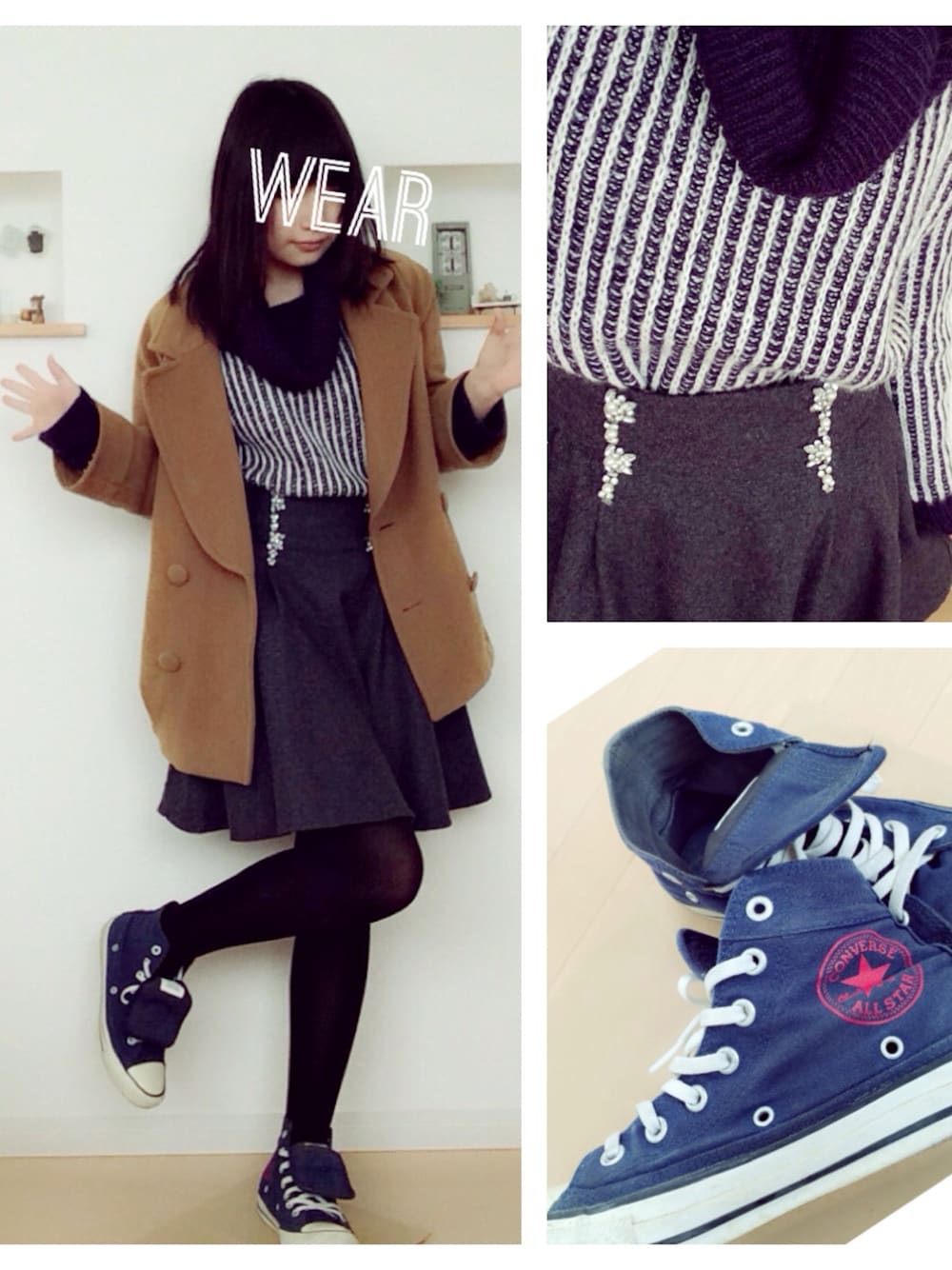 「ストライプ、コンバース、暗め色、PAGEBOY、キャメルアウター」｜「mysty womanのアイテム（ピーコート、ブラウン系）」を使った、ざかいさん（レディース・157cm）の冬コーディネートの1枚目の写真