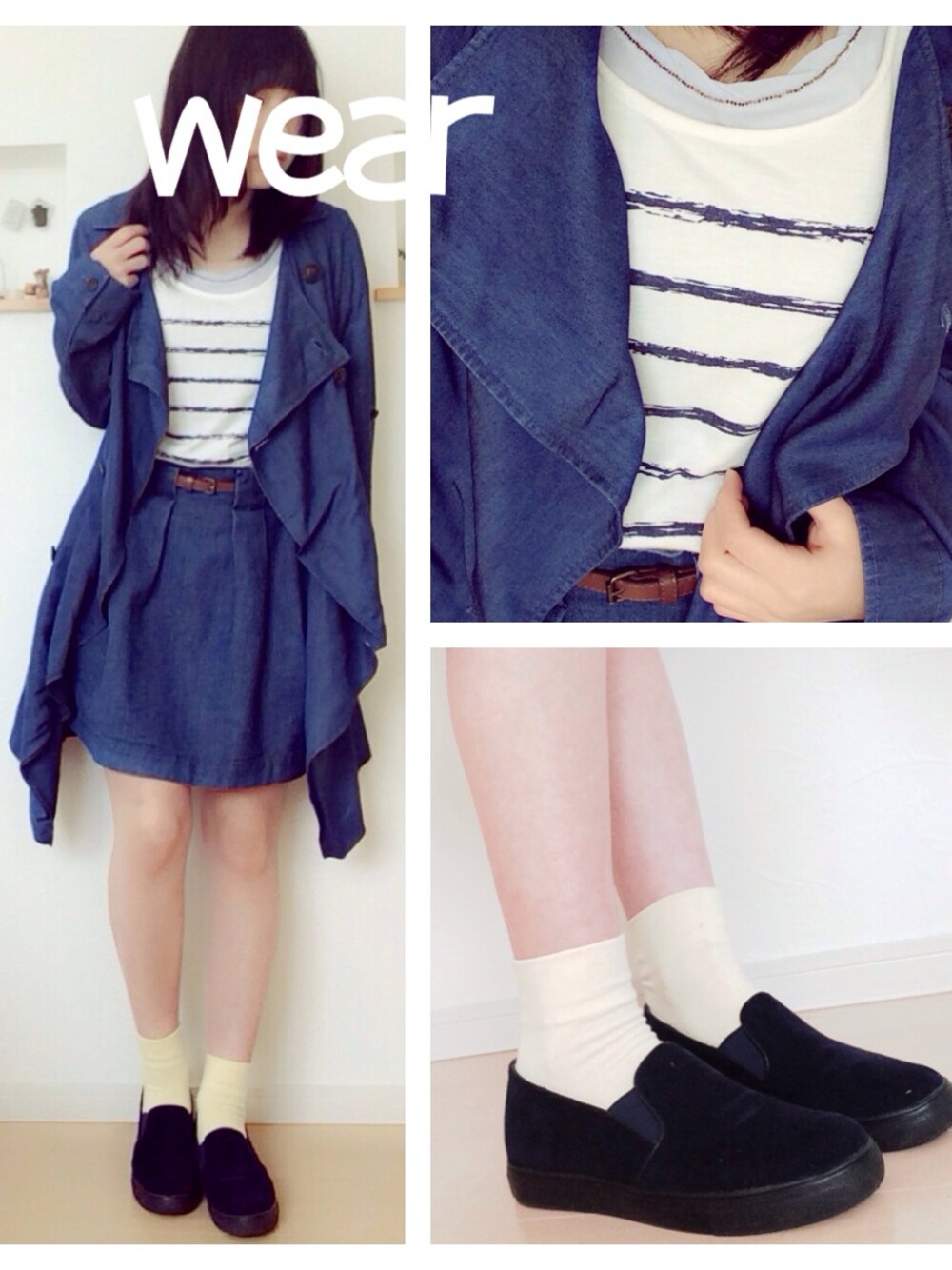 ブルー系のトレンチコート、ブルー系のタンクトップ、ブルー系のその他シューズを着用したレディースの春コーディネートの1枚目の写真