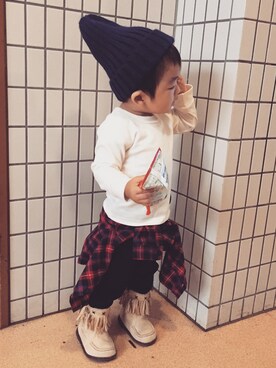 「GU（ジーユー）のアイテム（Beanie、ブルー系）」を使った、shu.oさん（キッズ・80cm）の秋コーディネート