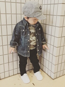 「西松屋（ニシマツヤ）のアイテム（Hats、ブルー系）」を使った、shu.oさん（キッズ・80cm）の秋コーディネート