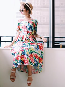 「花柄ワンピース」｜Akaneさん（レディース・163cm）の夏コーディネート