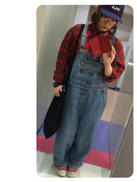 「赤チェック」｜「アイテム（サロペット/オーバーオール）」を使った、あおいさん（レディース・157cm）の秋コーディネート