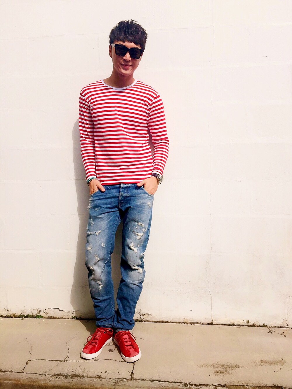 「ootd、jeffreyxu、xumingjie、marimekko、adidas、G-STAR RAW(G-STAR RAW)、gentlemonster」｜「G-STAR RAWのアイテム（デニムパンツ、ブルー系）」を使った、Mingjieさん（メンズ・184cm）の夏コーディネートの1枚目の写真
