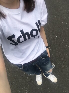 「schott（ショット）のSchott/ショット/T SHIRT BASIC SCHOTT LOGO/ベーシック ショット ロゴTシャツ（Tシャツ/カットソー、ホワイト系）」を使った、Akane Wachiさん（レディース・160cm）の春コーディネート