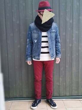 「アイテム（デニムパンツ、レッド系）」を使った、いんちょ。さん（メンズ・167cm）の冬コーディネート