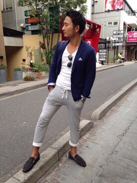 「417 EDIFICE（フォーワンセブンエディフィス）のアイテム（テーラードジャケット、ブルー系）」を使った、WATAKさん（メンズ・172cm）の秋コーディネート