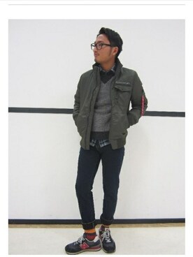 「Alpha Industries（アルファインダストリーズ）のアイテム（ミリタリージャケット、グリーン系）」を使った、WATAKさん（メンズ・172cm）の秋コーディネート