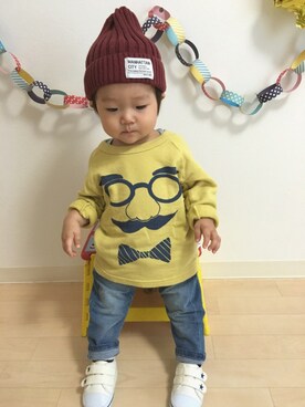 「白いスニーカー」｜「アイテム（帽子）」を使った、☆SOUMA☺︎さん（キッズ・70cm）の秋コーディネート