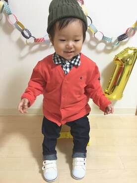 「白いスニーカー」｜「アイテム（その他）」を使った、☆SOUMA☺︎さん（キッズ・70cm）の秋コーディネート